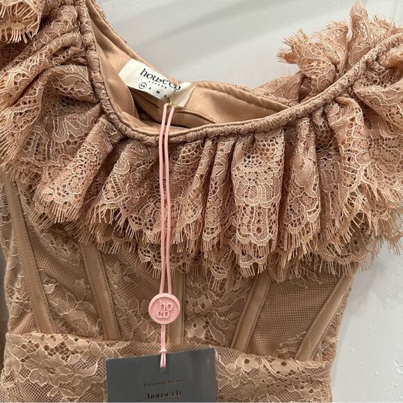 NWT House Of CB Adele Biscuit Asymmetrical Mini Ruffle Dress. - Picture 14 of 15